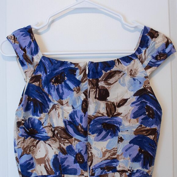 Sz 0 Silk Floral Brush Stroke Blue Brown Mini Dress Cap Sleeve Banana Republic - Picture 5 of 10